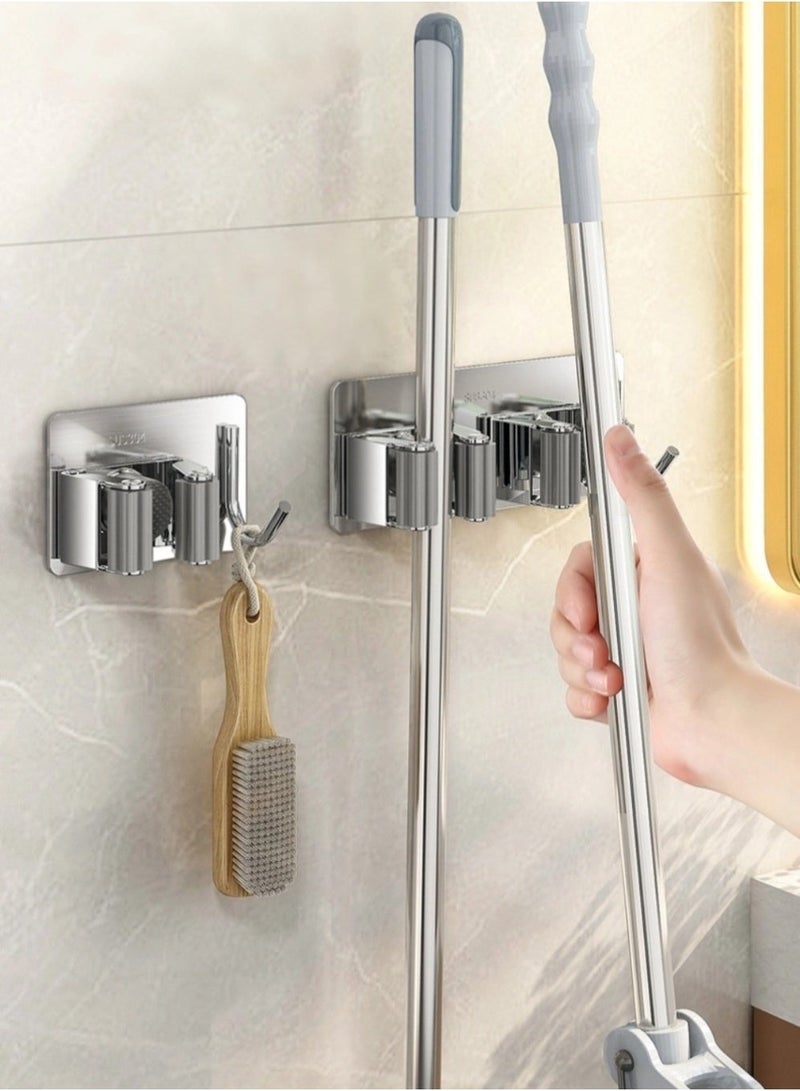 4-piece broom and mop rack, suitable for broom and mop handles, toilet brushes, etc., with stainless steel mop hooks. Wall-mounted multifunctional rack, comes with 3M double-sided tape, easy to install. - Image 3